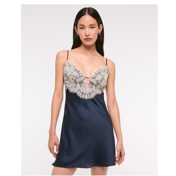 NWT Abercrombie & Fitch Dark Indigo Lace and Satin Slip Mini Dress - Medium Tall - Picture 1 of 9